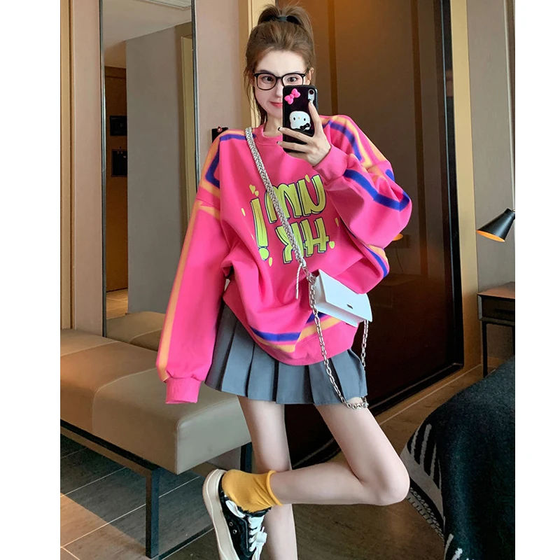 Trend Print Letter Loose Pullovers Top Autumn Winter New Long Sleeve O-neck Street Casual Hoodies Casual Fashion Women Clothing