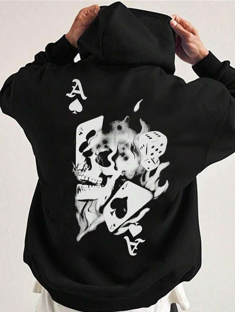 

Card & Skull Graphic Cotton Fleece Hoodie Unisex Men Women Drawstring Luxury Sweatshirt Fashion Autumn Winter Hooded Pullover