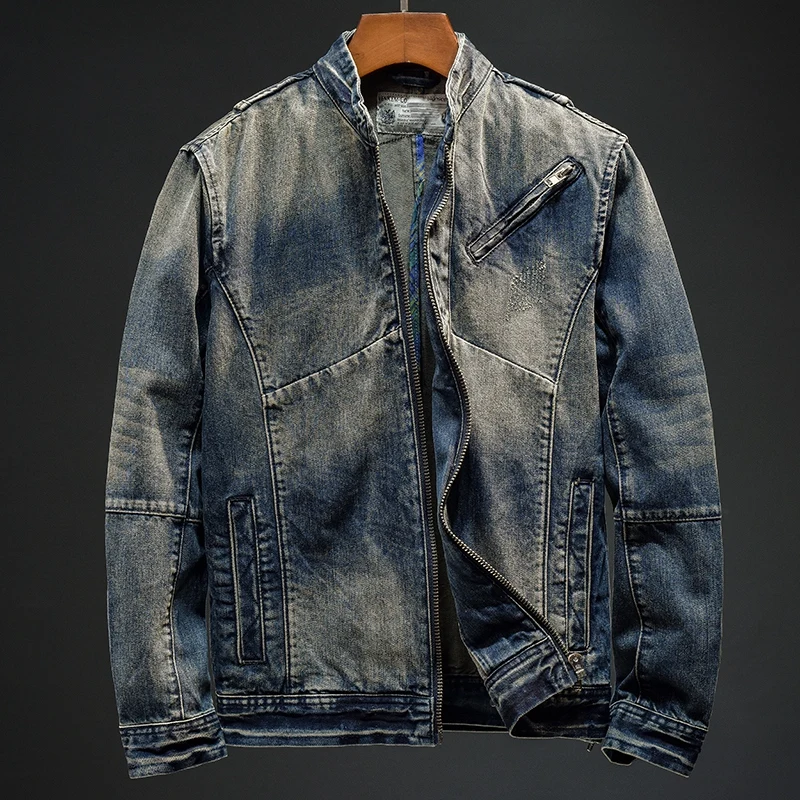 Cappotto in denim con colletto alla coreana retrò per uomo 2024 nuova giacca da moto nostalgica slim fit alla moda retrò lavata