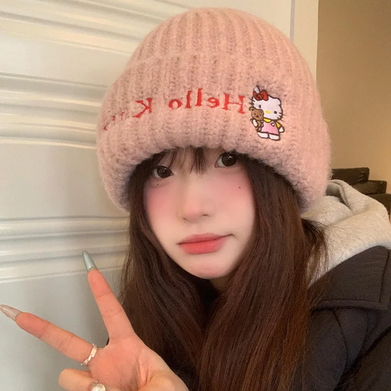 Hello Kitty Knitted Cap Cartoon Embroidery Beanies Winter Warm Ear Protection Hats Women Outdoor Riding Windproof Woolen Hat