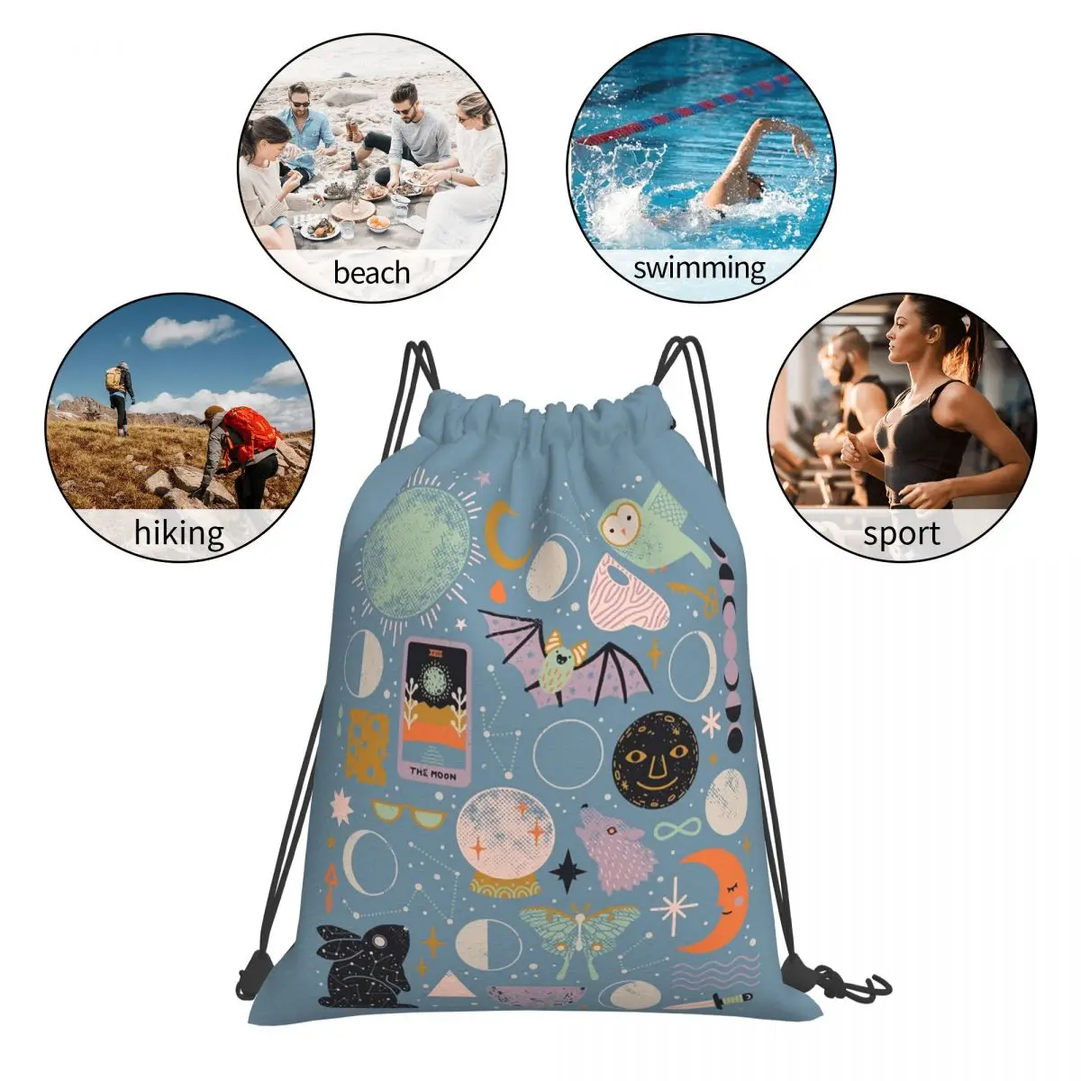 Lunar Pattern Blue Moon Backpacks Multi-function Portable Drawstring Bags Sports Bag Book Bags For Travel Students
