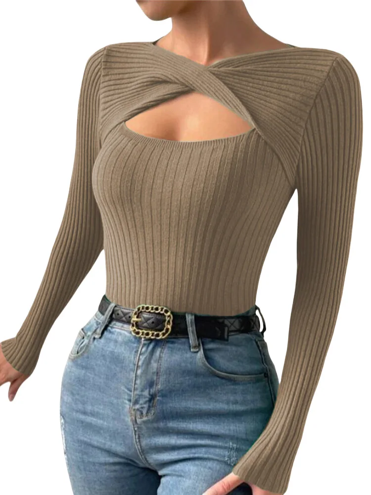 Casual Long Sleeve Hollow Out Irregular Round Neck T Shirts Basic Tee Sweater Top Lightweight Sweaters for Women Autumn