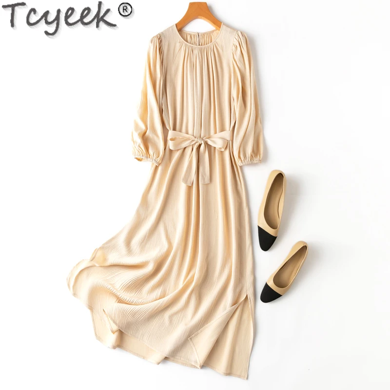 

Tcyeek 21Mm Real Silk Long Dress 2024 Spring Summer Women's Dresses 93% Mulberry Silk Elegant Dresses for Women Clothing Lace-up