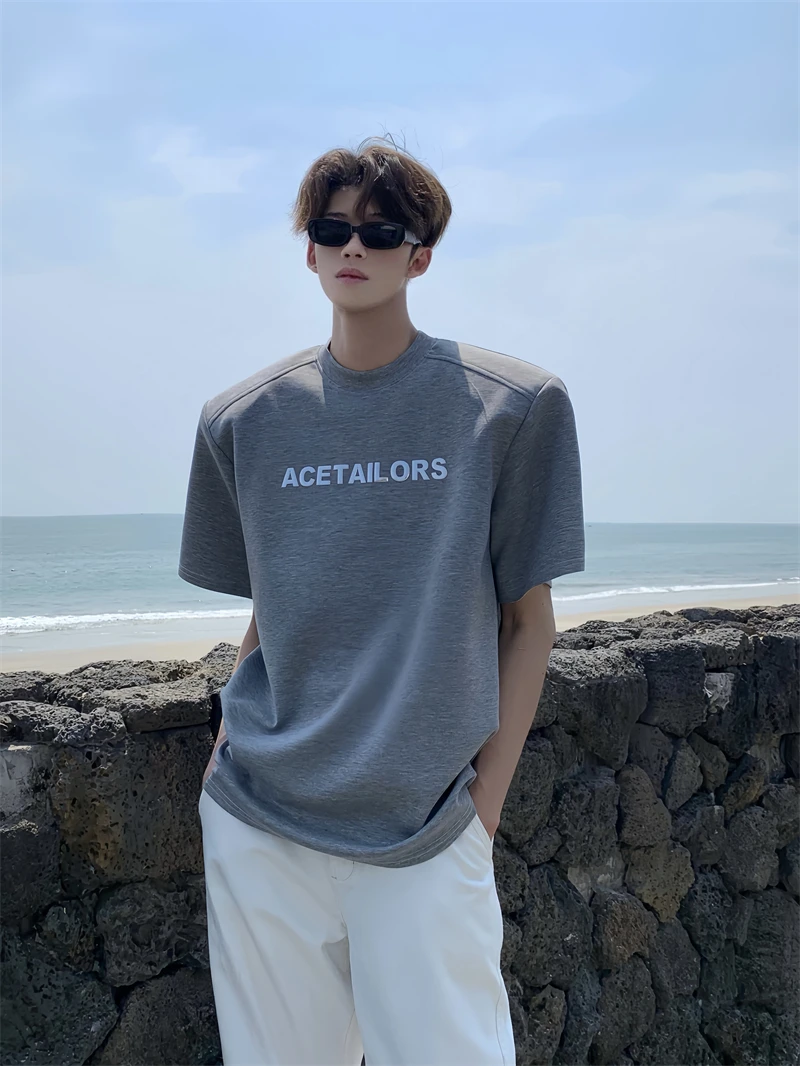 Ace Original Design Metal Letter T-Shirt Men's Heavyweight Cleanfit Deconstructed Loose Fit Casual Short Sleeve Summer Top