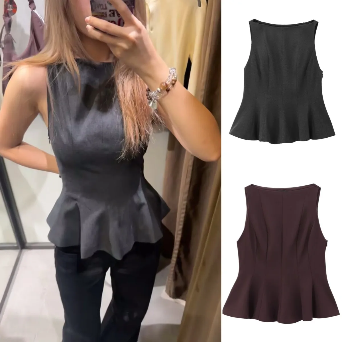 ETJ Fall/Winter 2024 New TRAF Women's Fashion Elegant ruffled hem round neck sleeveless waist slim-fit top 4661124