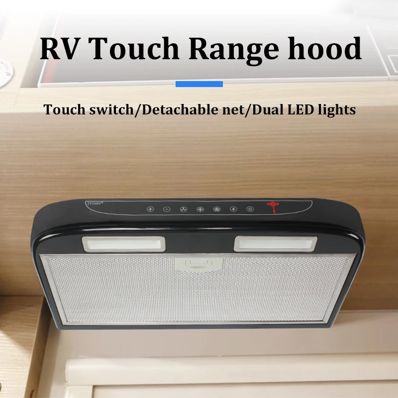 RV Range Hood 12V Vehicle Mounted Range Hood Key Type &Touch Screen Dual LED Light Design Super Oil Absorber for Motorhome Campe