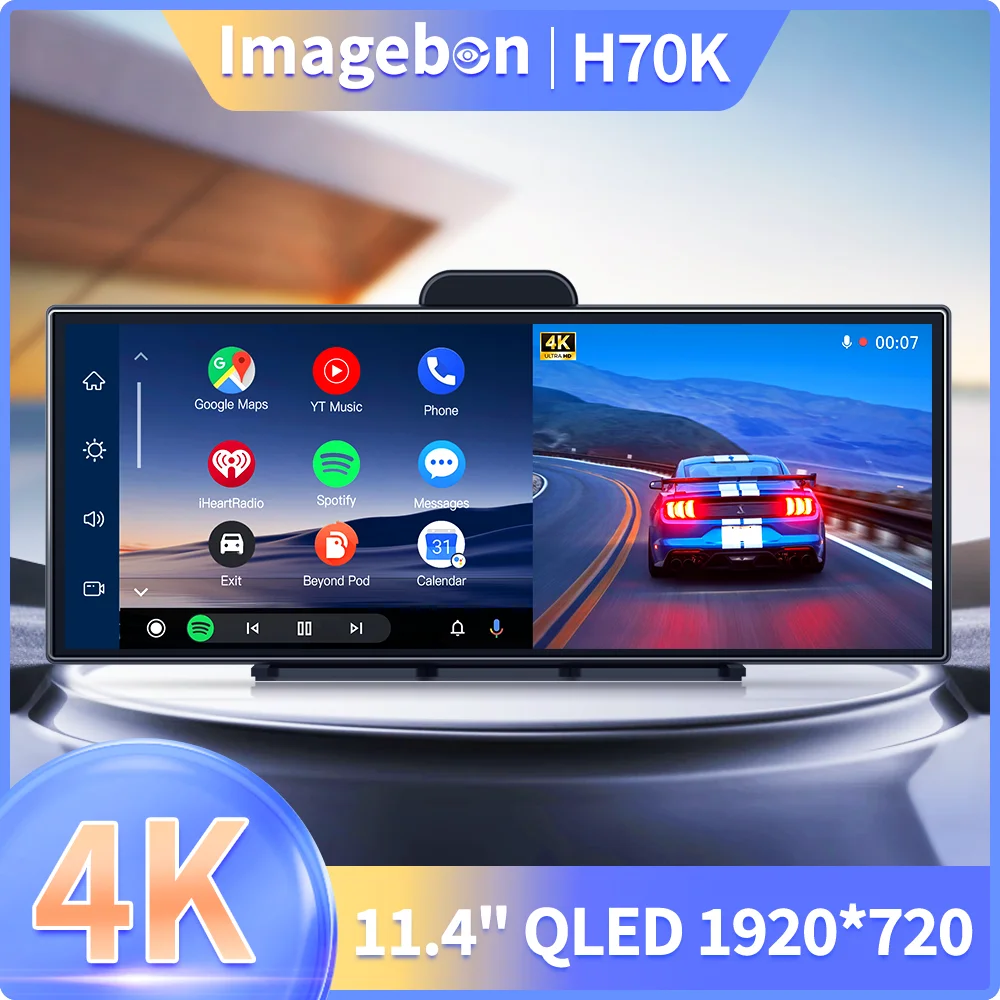 Imagebon 11.4 inch 4K Dash Camera Wireless CarPlay & Android Auto GPS Navigation Night Vision Dual Lens FM AUX Voice Control DVR