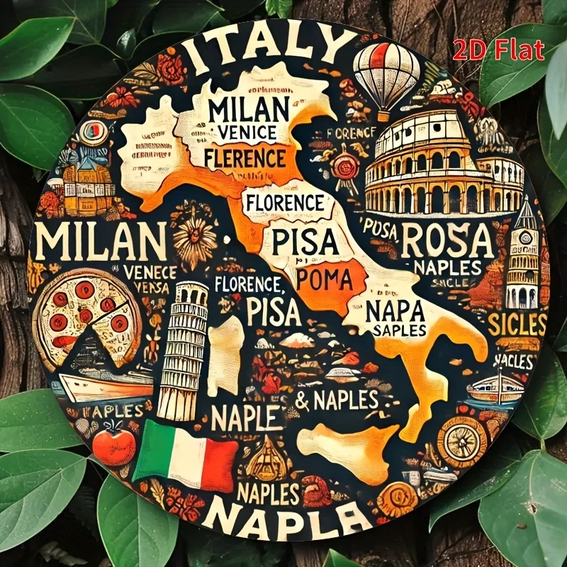 [2D Flat] 1 pieza Vintage Italia Mapa Arte de pared de aluminio - Iconos y monumentos italianos, fácil de colgar, letrero de metal duradero para el hogar, la cocina