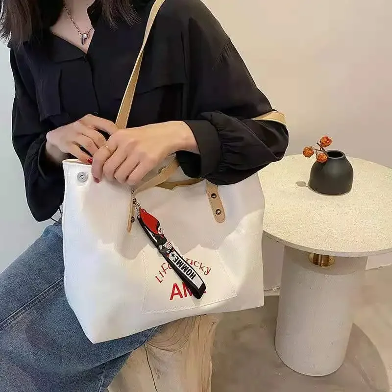 Canvas Shopping Bags Women Portable Large Capacity Shoulder Bag Eco Reusable Fashion Girls Canvas Tote Book Bag