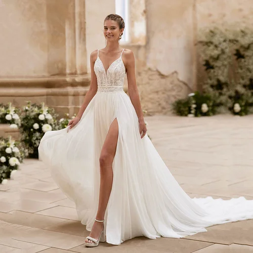 Vestidos de novia clásicos personalizados a la venta, vestidos de novia de playa de encaje, vestidos de novia bohemios de verano, vestidos de novia con abertura lateral en la espalda