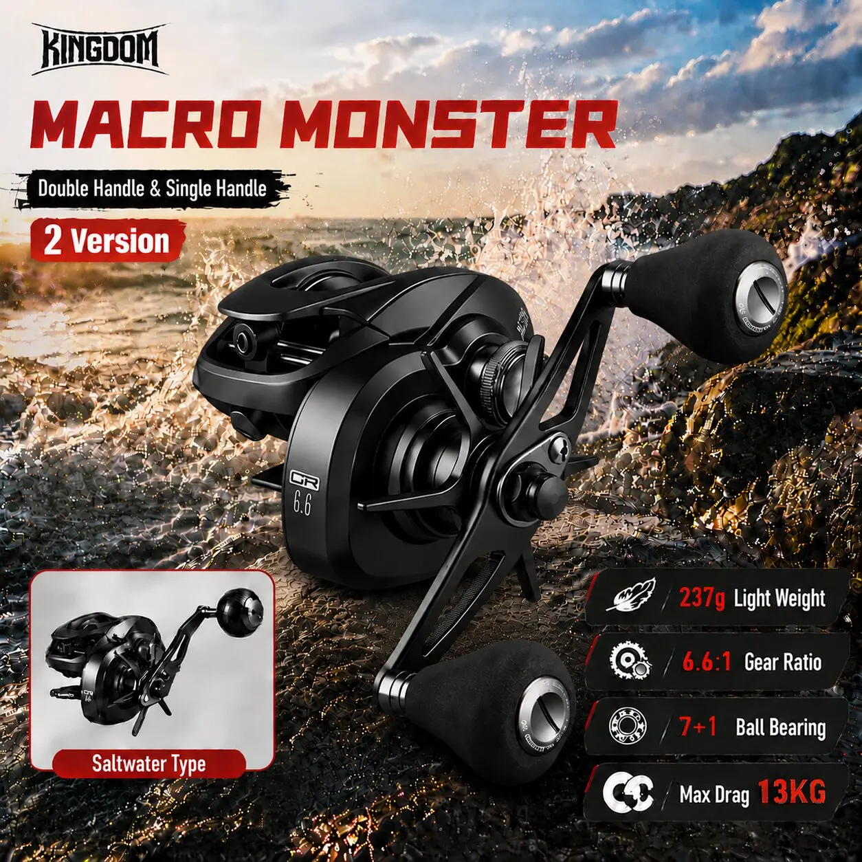 Kingdom MACRO Monster Baitcastingrolle 6,6:1 Übersetzungsverhältnis 13 kg Max Drag 7+1BB Aluminiumrahmenrolle zum Angeln im Süßwasser und Salzwasser