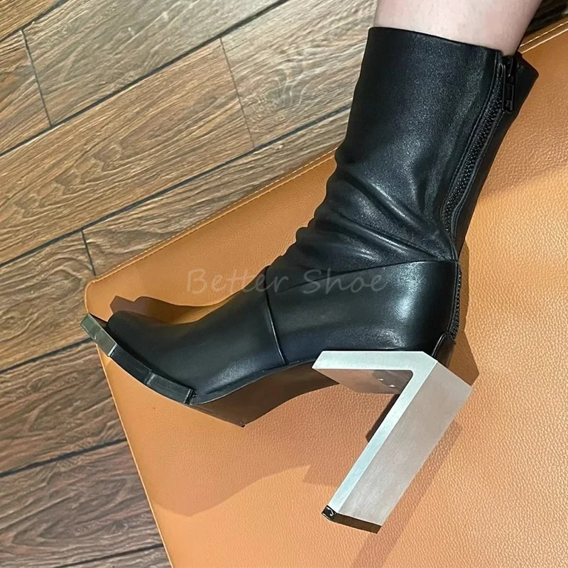 

Short Boots for Women 2024 New Shaped High Heels Punk Style Black Zipper Square Toe Metal Irregular Heel Slim Boots Lady Catwalk