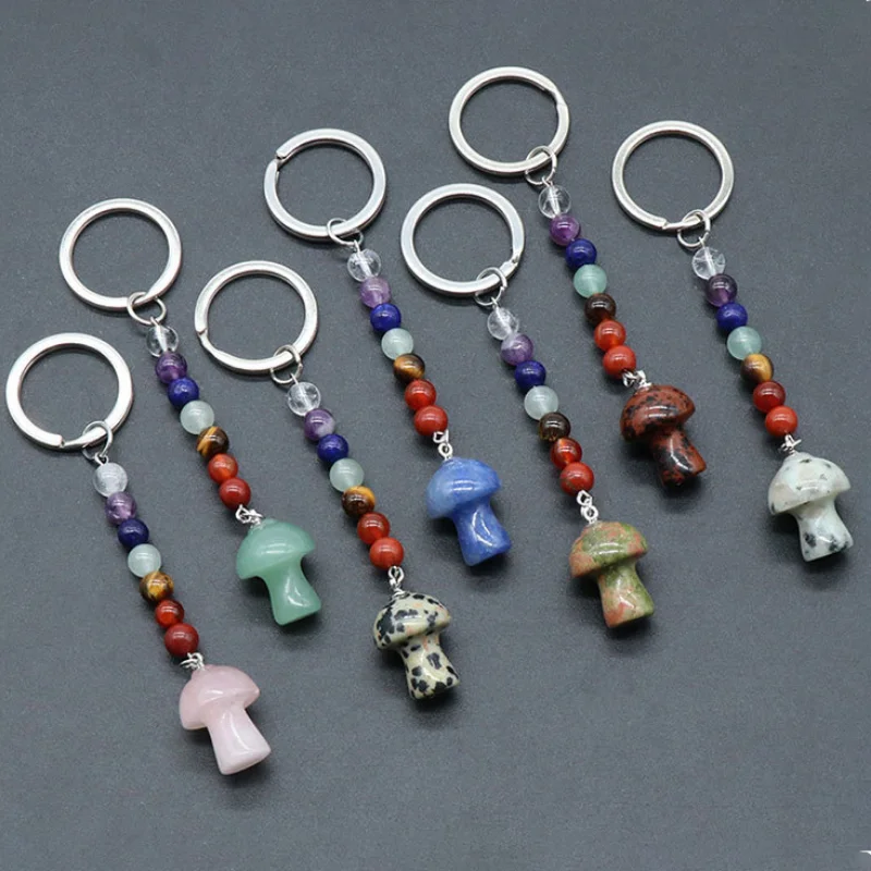 

15pcs Mushroom Statue Key Rings 7 Colors Chakra Beads Chains Stone Charms Keychains Healing Crystal Keyrings for Women Men