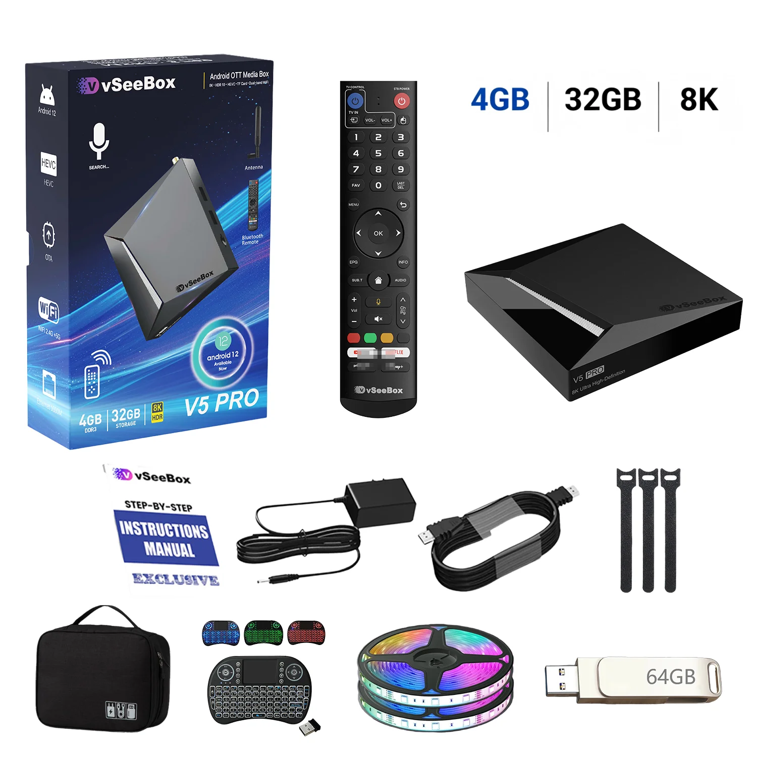 VSeeBox V5 Pro 6K Android 12 TV Box Complete Accessory Kit, 4GB RAM 32GB Storage, WiFi 6, Voice Remote + Low-Light Keyboard Remote, 64GB USB Drive, HDMI Cable, TV Atmosphere Light, Storage Bag