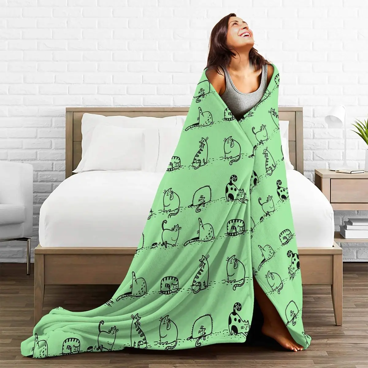 Cats Yoga Class On Pale Green Cat Yoga Blanket Soft Warm Flannel Throw Blanket Plush for Bed Living room Picnic Travel Home Sofa
