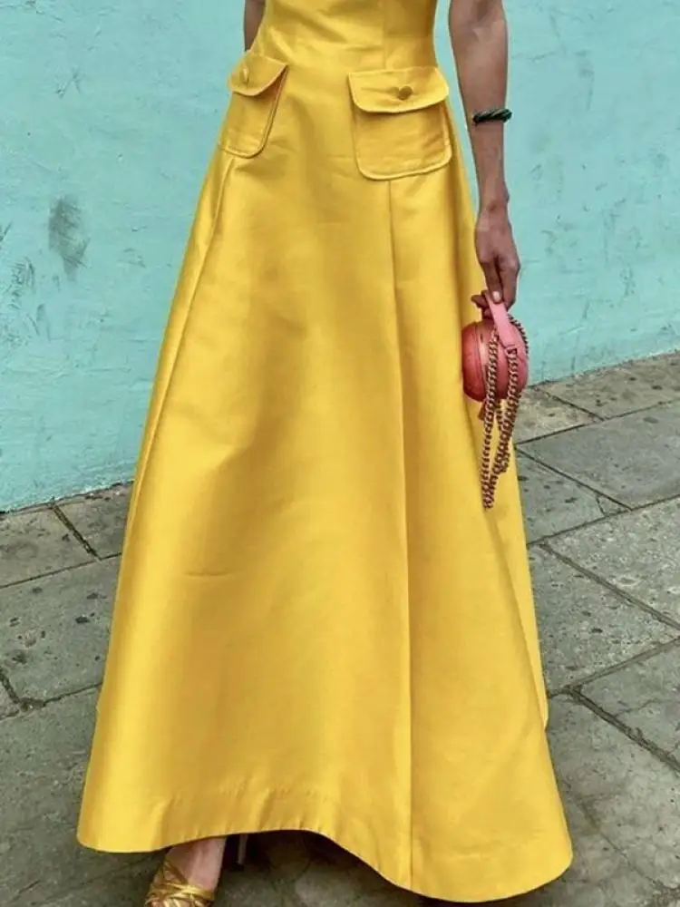 Bonboho Solid Yellow Ankle Legth Dress for Women 2024 Summer Elegant Evening Dress Short Sleeve Pockets A-line Maxi Dress