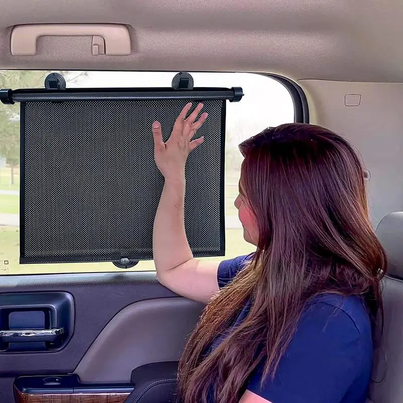 Retractable Car Sun Shade Set Two PVC Mesh UV Blocking Roller Curtains for Side Windows Glare Reduction Driving