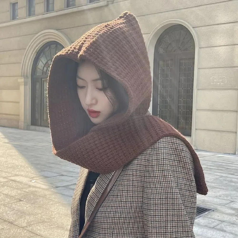 Acrylic Fibres Knitted Hooded Caps Ear Protection Embossing Neck Collar Beanies Caps Soft Korean Style Winter Neckerchief Hat