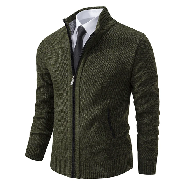 Autumn And Winter New Jersey Men's Casual Sports Coat Solid Color Stand Collar Wweater Grab Fleece Warm Zipper Cardigan 4