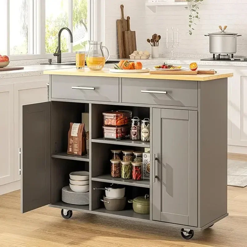 Kitchen Island with Storage Cart Table Rolling Butcher Block on Wheels Portable Large Mobile Counter Drop Leaf Moveable