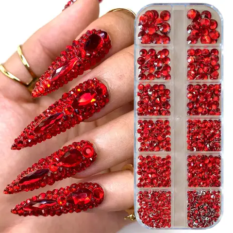 Strass pour ongles rouges, 12 grilles, 2/3/4/5mm, dos plat, cristal, diamant SS6/10/16/20/30, breloques mixtes en verre de luxe