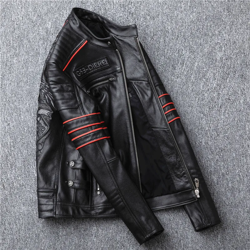 Motorcycle Embroidery Skull Layer Cowhide Leather Jacket men's Short Leather Jacket Motorcycle Jacket