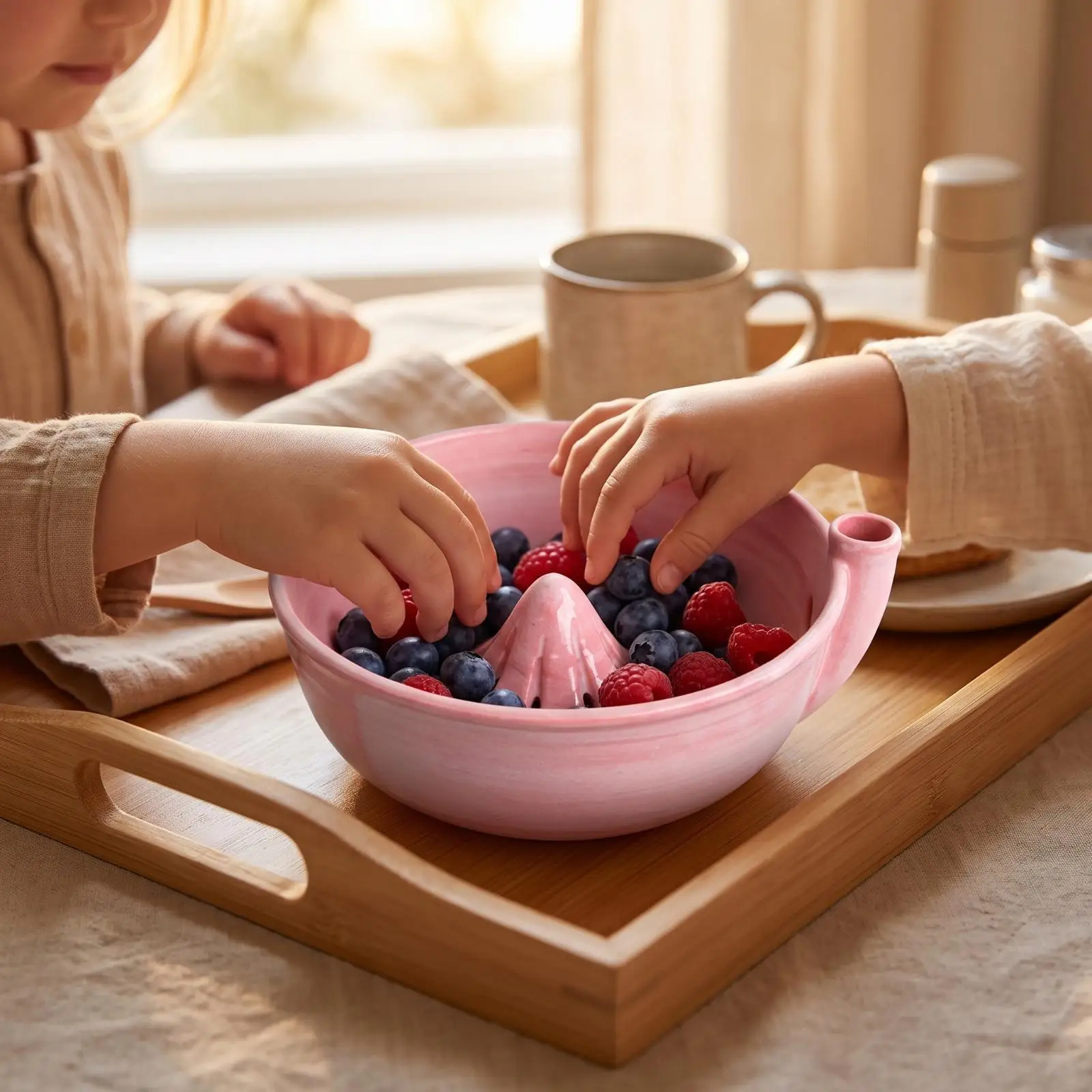 Handmade Ceramic Mixing Bowl with Rotary Drain Insert for Washing Fruits and Vegetables Kitchen Countertop Fruit Bowl with