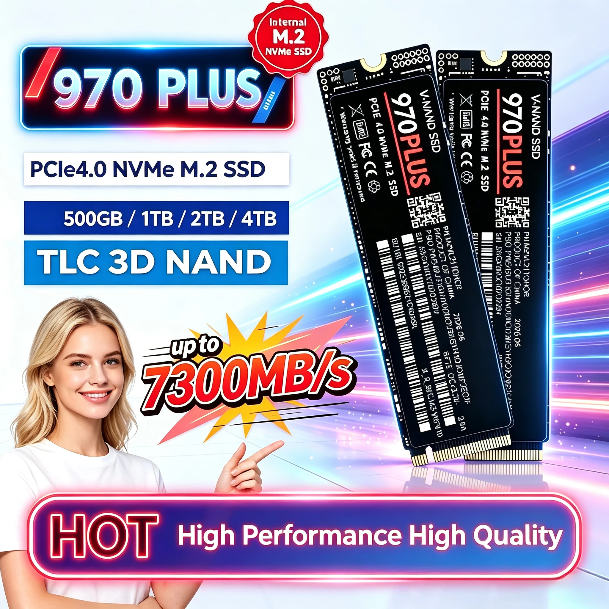 970 PLUS Internal M.2 NVMe SSD, PCIe Gen4.0 X4, TLC 3D NAND, 7300MB/s, 500GB 1TB 2TB 4TB,Gaming Drive For Desktop PC Laptop PS5.