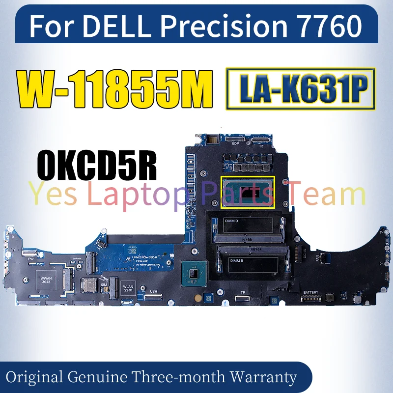 LA-K631P For Dell Precision 7760 Laptop Mainboard CN-0KCD5R 0KCD5R SRKT8 W-11855M CPU Notebook Motherboard 100％ Tested