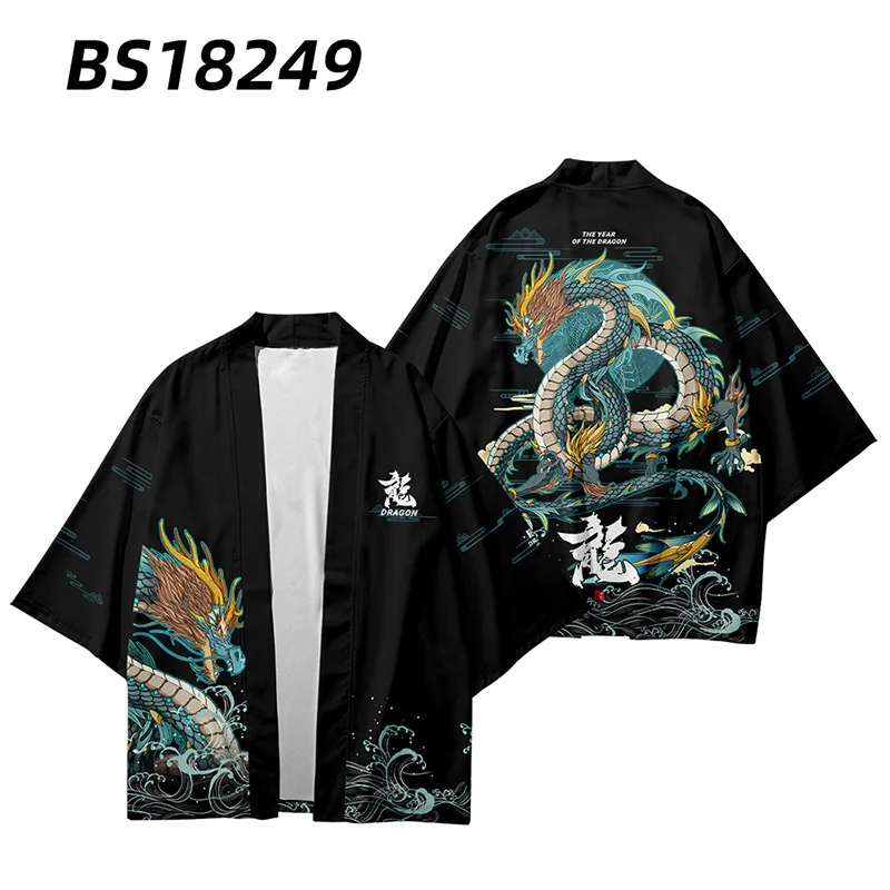 Yukata Suit Harajuku Print Kimono Shorts Sets Summer Two-Piece Suit Japanese Anime Dragon Cardigan Women Men Cosplay Haori