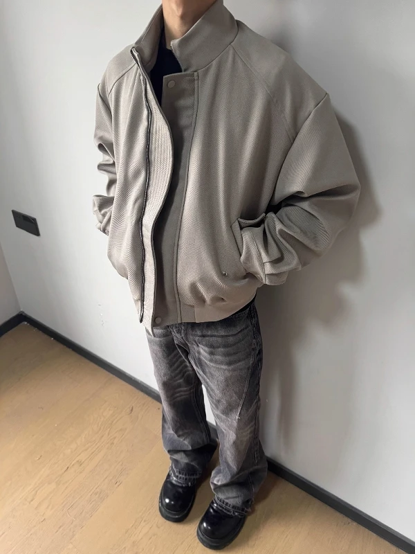 

American Retro Pure Color Stand Collar Jaet Men's Spring Autumn Loose Versatile High-End Feelings Cleanfit Outerwear