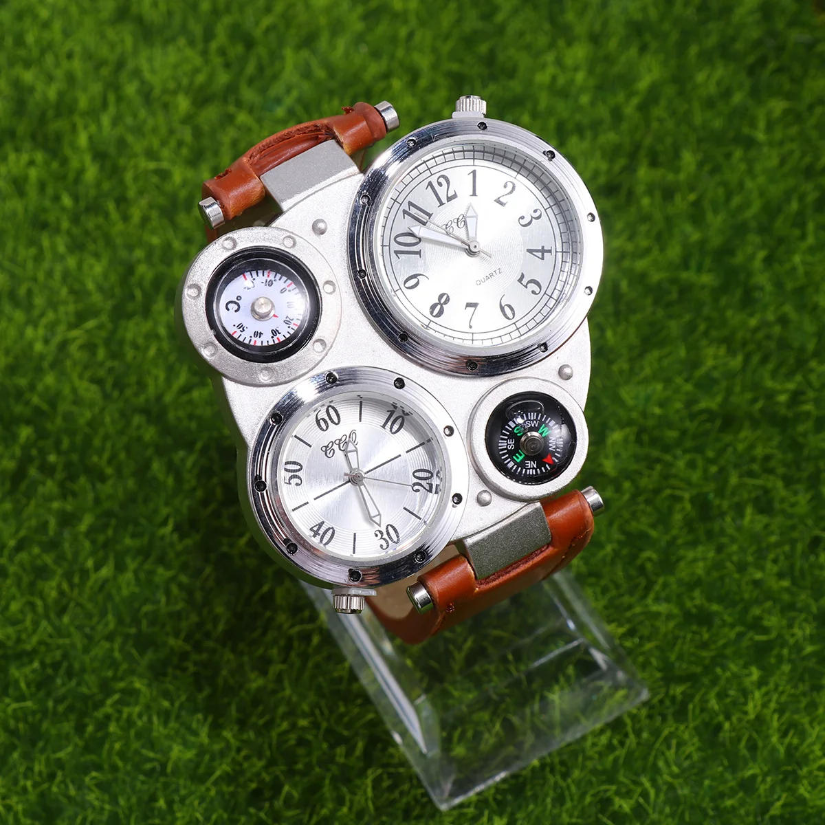 1pcs Temperature Compass Watch Men'S Quartz Dual Display Outdoor Sports Thermometer Watch Light Coffee