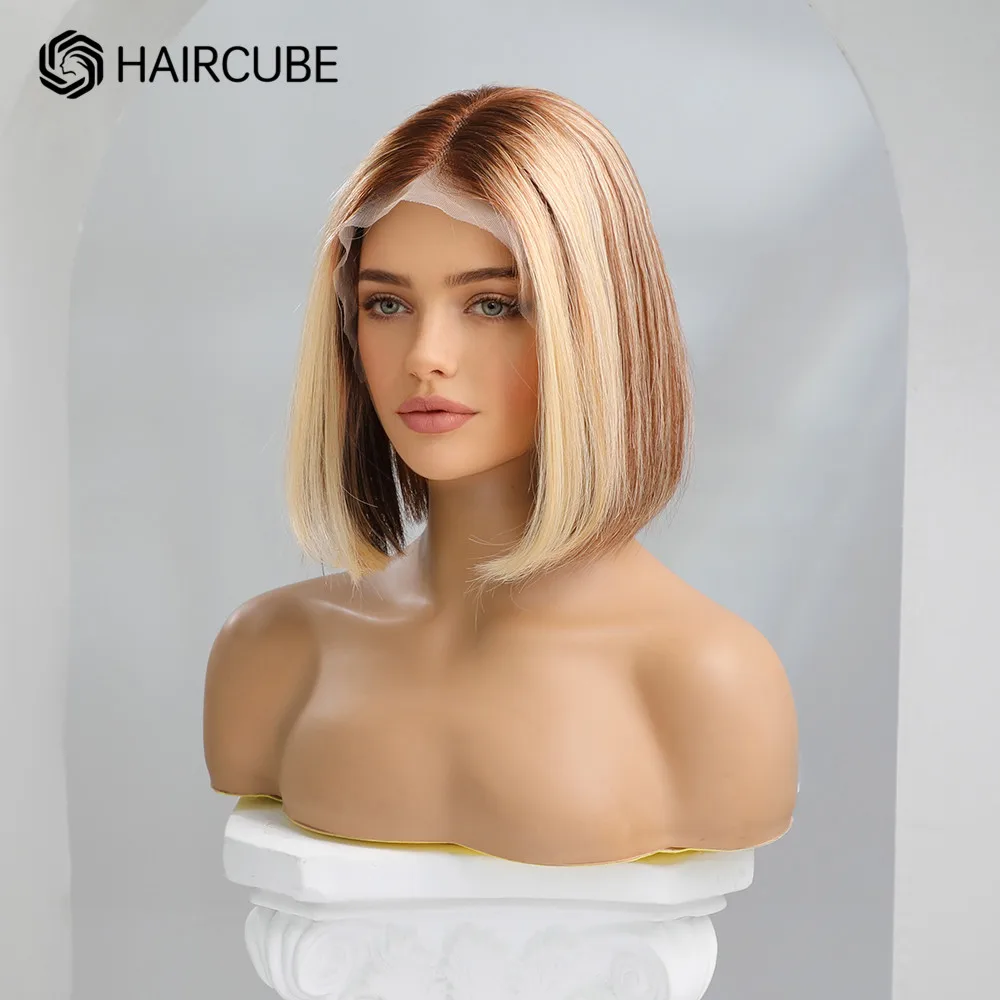 HAIRCUBE Short Bob Human Hair Wigs Blonde Highlight 13x1 Lace Front Wig Mixed Brown Remy Heat Resistant Straight Wigs for Women