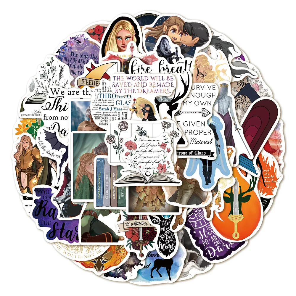 50Pcs Fantasy Book Stickers for Readers Waterproof Vinyl Literary Quotes Decals for Laptop Water Bottle Luggage Guitar DIY Gift