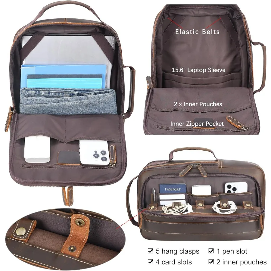 حقيبة ظهر للكمبيوتر المحمول مقاس 15.6 بوصة من Masa Kawa للرجال حقيبة ظهر قابلة للتحويل قابلة للتوسيع حقيبة ظهر كلاسيكية للعمل والسفر #5