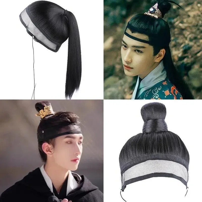 Perruques de cosplay longues droites Hanfu pour hommes, bande de sauna noire, anime chinois des prHub, accessoires