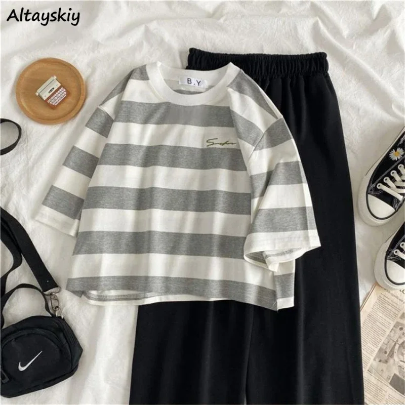 Summer Women Sets Striped T-shirts Loose Cropped Tops Black Exercise Trousers Basics Stylish Korean Fashion Workout Homewear