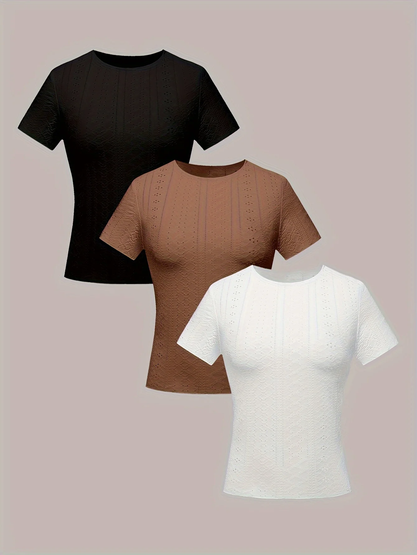 

Women's round-neck fashionable solid-color open-work casual multi-purpose three-piece T-shirt set
