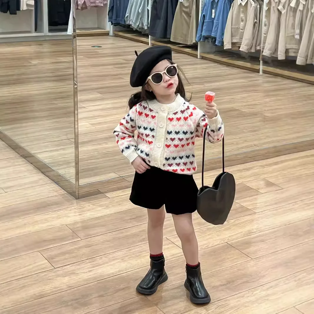Baby Girl Sweetheart Princess Colorful Heart Picture Knitwear Clothes Sweater Coat Fashion Short Pants Kids Suit
