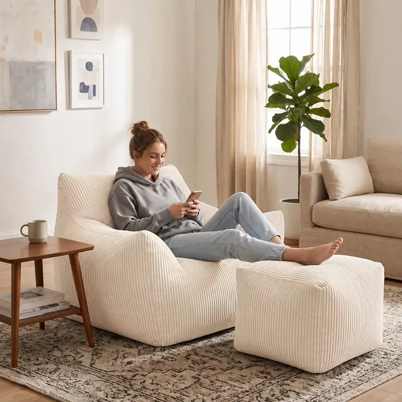 Striped corduroy beanbag chair with square footstool, perfect for living room furniture, ideal for reading and relaxing. sofa