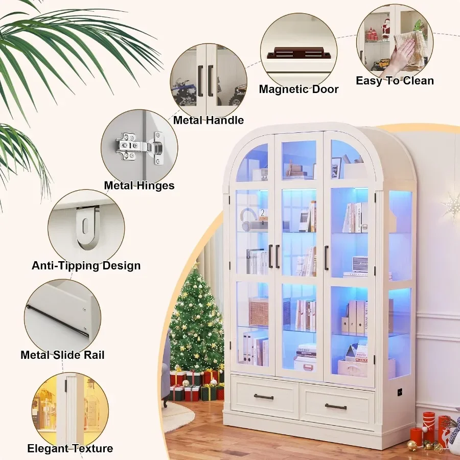 74" Arched Display Cabinet with Glass Doors and Drawers, Motion Sensor 3-Color Lights, Glass Curio Cabinet, 5-Tier Showcase for view 6