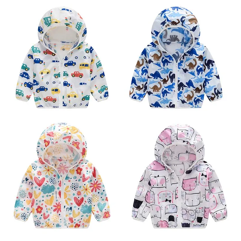 Summer Sun Protective Baby Jackets Thin Hooded Kids Coats Cartoon Children Outerwear Clothing for Girls Boys with Storage Bag