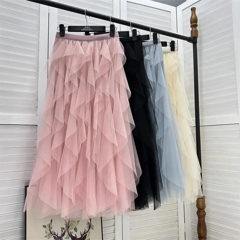 Tutu Tulle Long Maxi Skirt Women Fashion Korean Cute Pink High Waist Pleated Skirt Mesh Female Lady Aesthetic Faldas