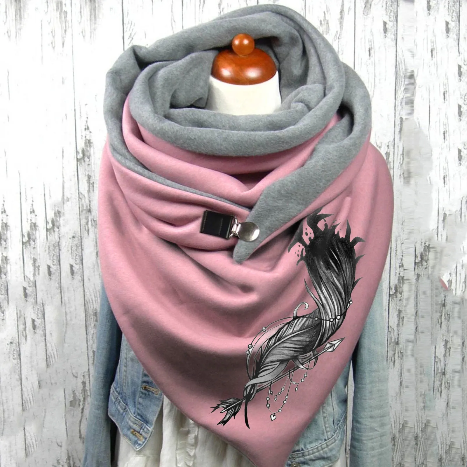 

2025 Feather Printing Winter Scarf For Women Button Soft Wrap Plus Velvet Warm Scarves Shawls Echarpe Foulard Neck Wraps шарф