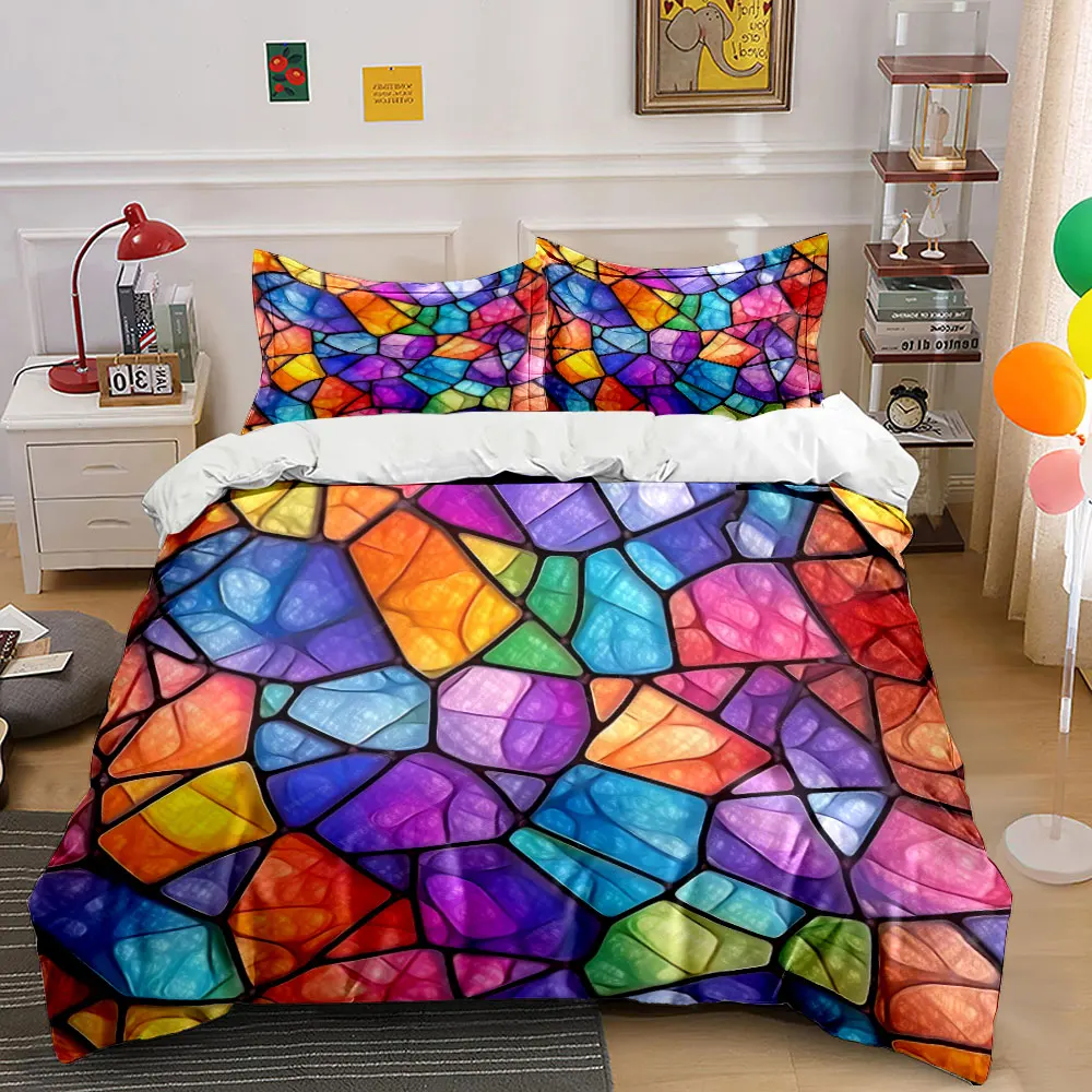 

3pcs Colorful Stained Glass Mosaic Duvet Cover Set with 3D Printing Design Soft Polyester Bedding Set All-Season Comfort