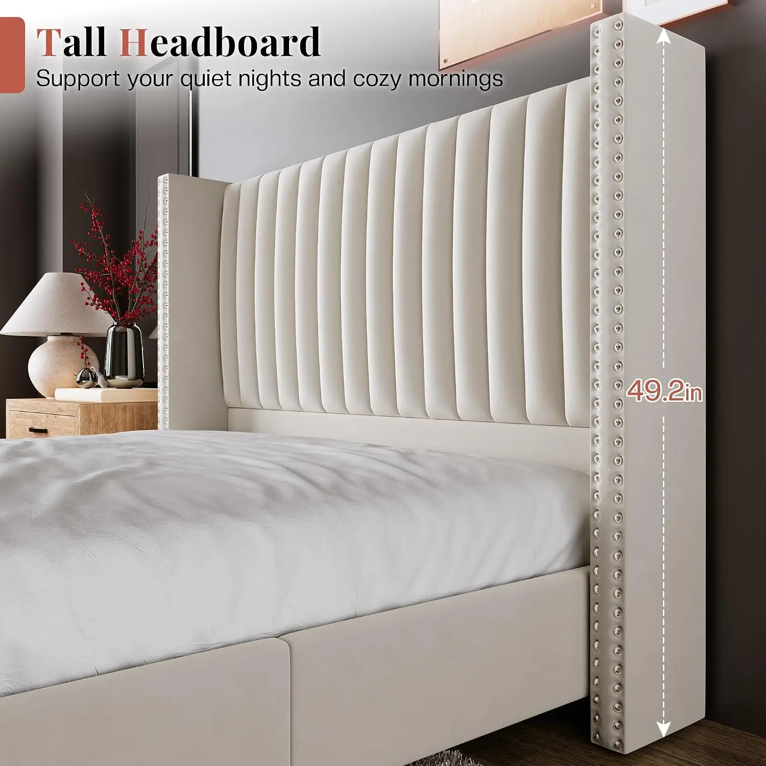 Velvet Queen Bed Frame Wingback Headboard 49.2