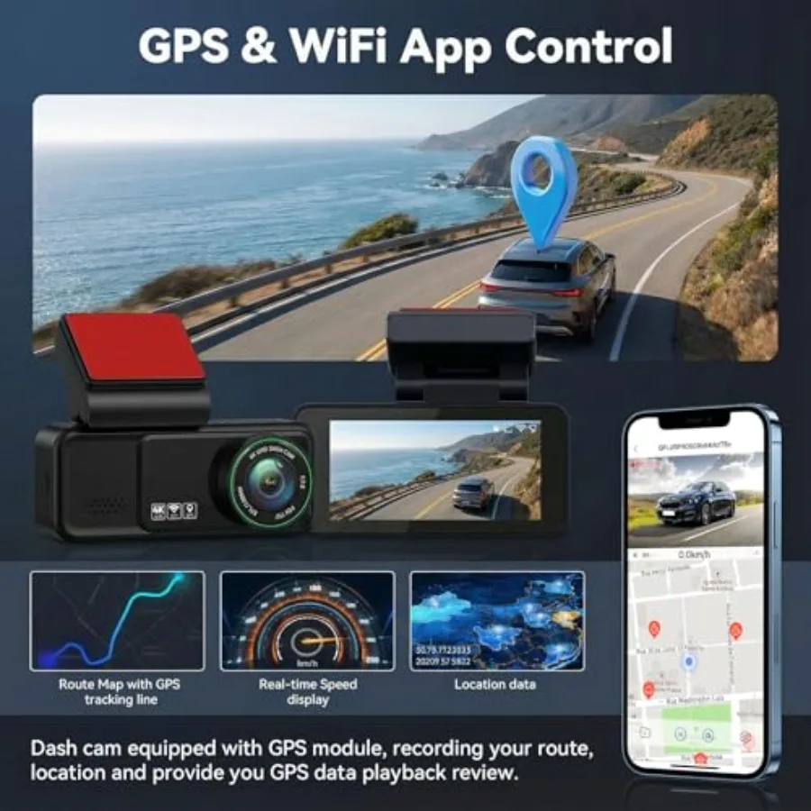 Car dash cam system with front 4K and rear 2K dual cameras, built-in GPS and WiFi, loop recording, night vision, G-sensor, 24H view 3