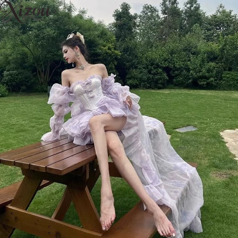 2025 Vrouwen Meisje Zomer Lente Paars Lolita Fee Prinses Set Mouwloze Boog Trailing Bladerdeeg Party Tube Top Pompoen Broek Pak