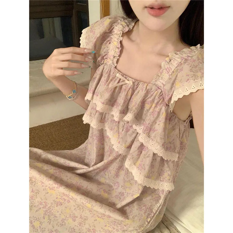 Ruffle Women Nightgown Sleepwear Lace Short Sleeve Night Dress Summer Bow Night Wears Korean Square Collar One Piece Pajamas New