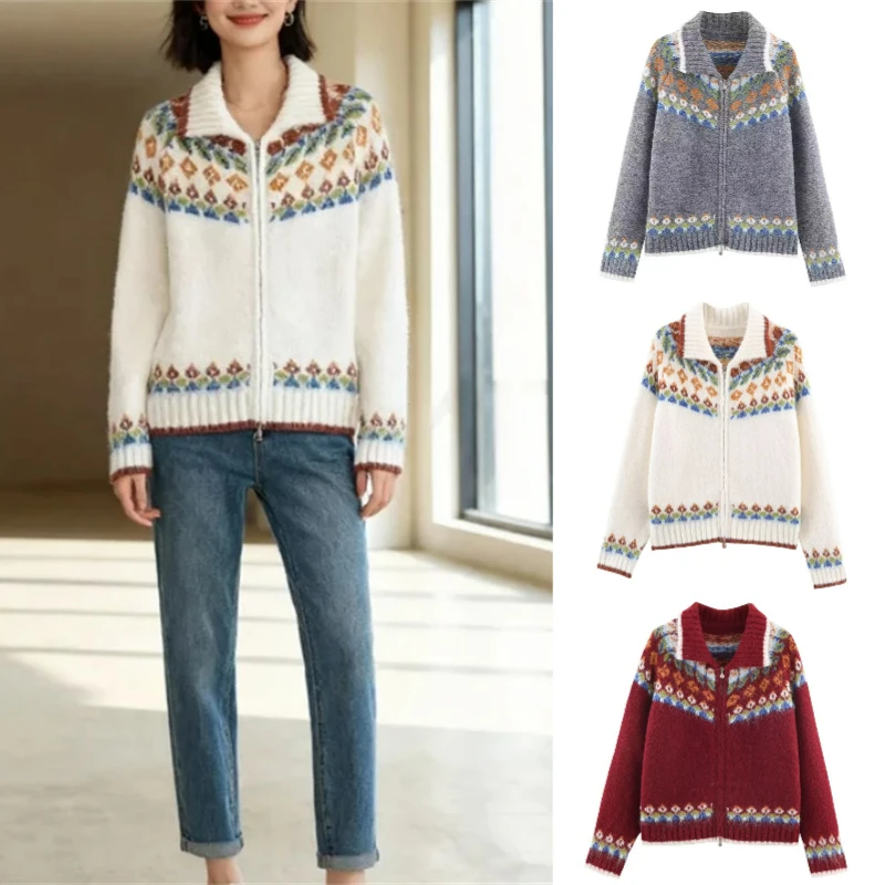 سترة نسائية عادية أنيقة من قماش الجاكار بسحاب مزدوج سترة منسوجة لخريف وشتاء 2025 مجموعة جديدة